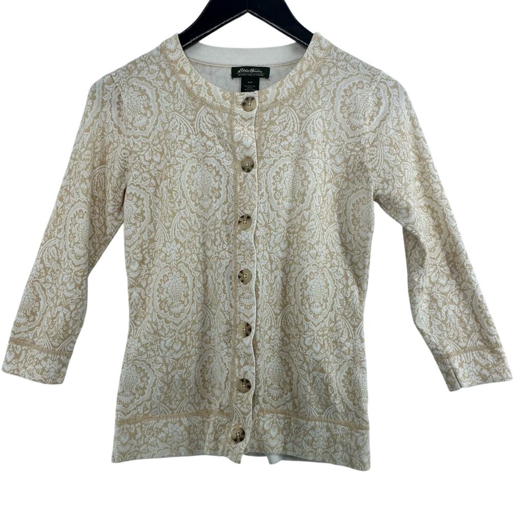 Eddie Bauer Damask Cardigan Sweater Women Beige Cotton Blend Button Front